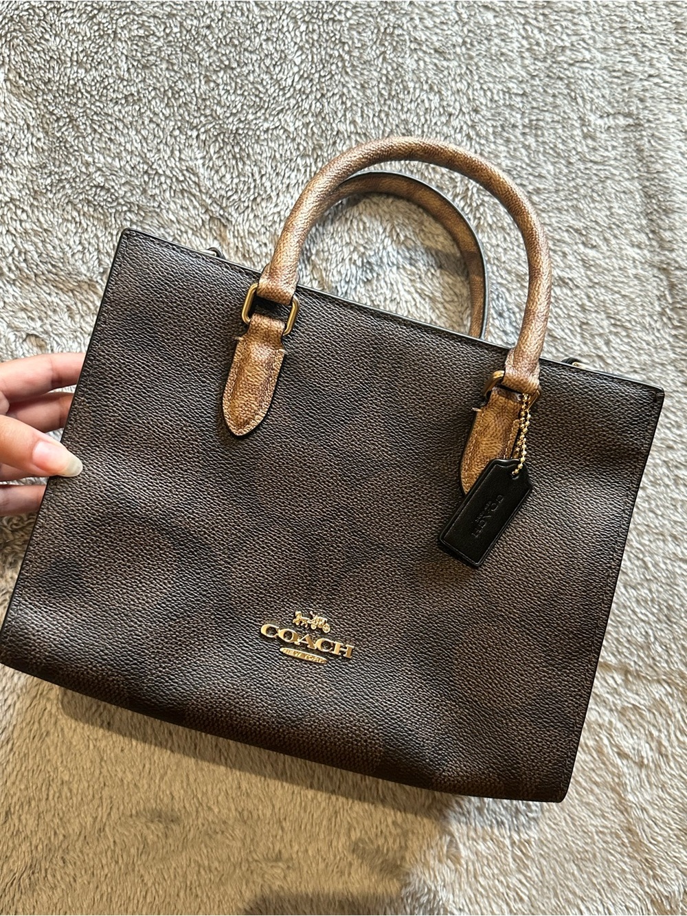 Coach Dark Brown Leather Top-Handle Satchel with Tan Handles